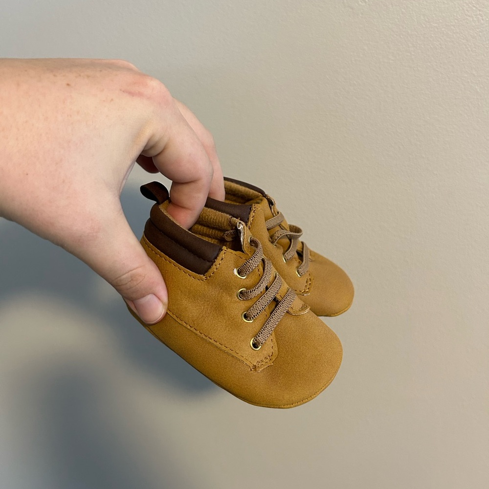 Carters Child of Mine 3/6m Tan soft sole infant booties